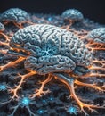 mental health concept brain evolving with orange synapses roots in the ground , growing in a network fo