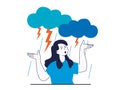 Mental health concept with character situation. Angry woman screaming in strong rage with clouds and thunderstorm, emotional