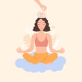 Mental health concept. The girl sits on a cloud and meditates