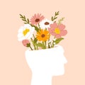 Mental health concept. Happy male head with flowers inside. Positive thinking, self care. Happiness and harmony Royalty Free Stock Photo
