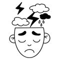 Mental health concept. Head with an unhappy sad face and bad weather, lightning with clouds and rain inside. Vector