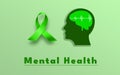 Mental health concept. Man Head With green Brain sign and Awareness Ribbon symbol on Green background Royalty Free Stock Photo