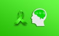 Mental health concept. Man Head With green Brain sign and Awareness Ribbon symbol on Green background Royalty Free Stock Photo