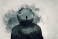 A mental health concept. A mans head covered in clouds. With a double exposure of a mans silhouette over layered on top