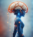 mental health concept supersize brain with orange neural zones and flowers growing on a tranquil background, beautiful blue cyborg