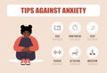 Mental health concept. Unhappy african woman sitting on floor and hugging knees. Mood disorder. Tips for anxiety