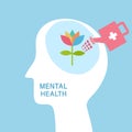 Mental health concept vector illustration. World mental health day. Flower plant growing in brain flat design. Brain and mind care