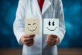 In a mental health context, a doctor presents happy and sad face paper