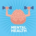 Mental health day human brain lifting dumbbells