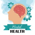 Mental health day, human profile brain gears, psychology medical treatment