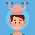Mental health day man with brain lifting dumbbells
