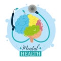 Mental health day, medical stethoscope and human brain, psychology treatment