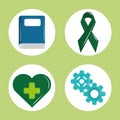 Mental health day, psychology medical treatment book ribbon heart gears icon set