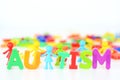 Mental health disorder, autism word with colored toys figurine on white background