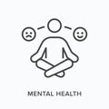 Mental health flat line icon. Vector outline illustration of sitting person. Black thin linear pictogram for psychology