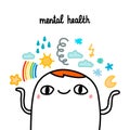 Mental health hand drawn vector illustration in cartoon comic style types of weather above head man cheerful