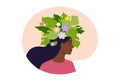 Mental health, happiness, harmony concept. Happy african female head with flowers inside. Mindfulness, positive thinking, self