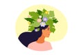 Mental health, happiness, harmony concept. Happy female head with flowers inside. Mindfulness, positive thinking, self care idea