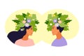 Mental health, happiness, harmony concept. Happy female and male head with flowers inside. Mindfulness, positive thinking, self