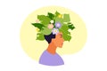 Mental health, happiness, harmony concept. Happy man head with flowers inside. Mindfulness, positive thinking, self care idea.