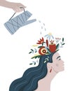 Mental health, happiness, self-development abstract concept. Someone pours water from a watering can on a woman`s head with