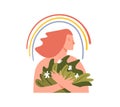 Mental health icon, the concept of psychological balance, helping teenagers, a happy girl with a rainbow and flowers, a Royalty Free Stock Photo