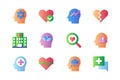 Mental health icons set in color flat design. Vector pictograms Royalty Free Stock Photo