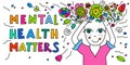 Mental health illustration. Colorful doodle design with a happy woman
