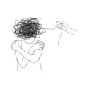 Mental health illustration with woman hugs herself, line ball and hands. Psychotherapy. Psychology support. Need help