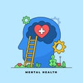 Mental health medical psychology treatment visual concept. big head with love heart inside brain on fertile land vector