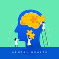 Mental health medical treatment vector illustration. Psychology specialist doctor work together to fix brain puzzle head for world