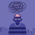 Overthinking and mental health concept, Sad man with tangled mess scribble emerge from his exposed brain Royalty Free Stock Photo