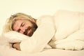 Mental health. Practice relaxing bedtime ritual. Man with sleepy face lay on pillow. Fast asleep concept. Man with beard