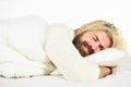 Mental health. Practice relaxing bedtime ritual. Man with sleepy face lay on pillow. Fast asleep concept. Man with beard