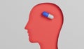 Mental health prescription drugs. Head with drug capsule. Antidepressant medication. 3D Rendering