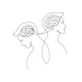 Mental health problem, psychology and bipolar treatment concept. Vector one line art illustration. Couple of man profile with Royalty Free Stock Photo