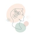 Mental health problem, psychology and business education concept. Vector one line art illustration. Human head profile with gear