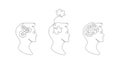 Mental health problem, psychology and business education concept. Vector one line art illustration. Human head profile with jigsaw Royalty Free Stock Photo