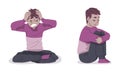Mental health problems set. Desperate depressed boys sitting on floor vector illustration