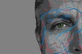 Mental health or psychics concept. Half face of adult man with bunch of nerves and veins. Gray scale posterized style with colored Royalty Free Stock Photo