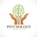 Mental health and psychology concept, vector icon or logo design. Human anatomical brain in a shape of green tree with tender Royalty Free Stock Photo