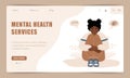 Mental health service. Landing page template. Lonely african woman sitting on floor and hugging knees. Depressed