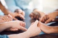 Mental health support, holding hands and group counseling, therapy meeting and psychology help, trust and worship. Men Royalty Free Stock Photo