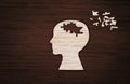 Mental health symbol. Human head silhouette with a puzzle cut out from wooden background Royalty Free Stock Photo