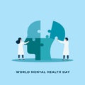 Mental health treatment vector illustration. Psychology specialist doctor work together to fix connecting human head jigsaw piece Royalty Free Stock Photo