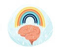 Mental health vector illustration. Human brain with rainbow over it. Balance positive vibes mind design, creative energy