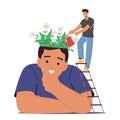 Mental Health, Wellness, Brain Treatment Concept. Tiny Male Character Watering Blooming Flowers In Huge Head