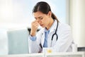 Mental health, woman doctor sad and with laptop at her desk in a modern office with a lens flare. Depression or headache Royalty Free Stock Photo