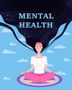 Mental Health. Woman meditation in yoga pose. Open brain, relax mental calm mind, releasing stress. Yoga girl
