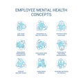 Mental health at workplace blue concept icons set